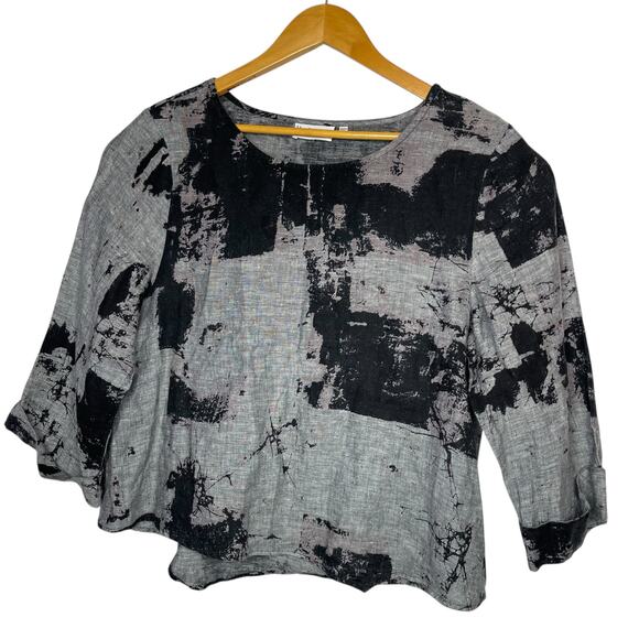 Habitat Clothes to Live In abstract print linen blouse Small BlackGrey Lagenlook - Picture 6 of 11